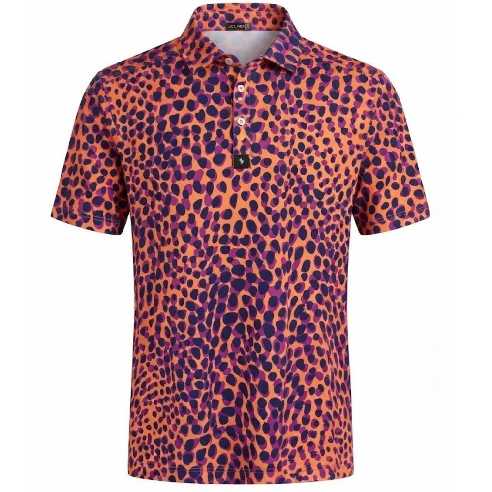 BYRDGANG Mens Small Golf Polo Shirt Orange Purple Leopard Animal Print Stretch